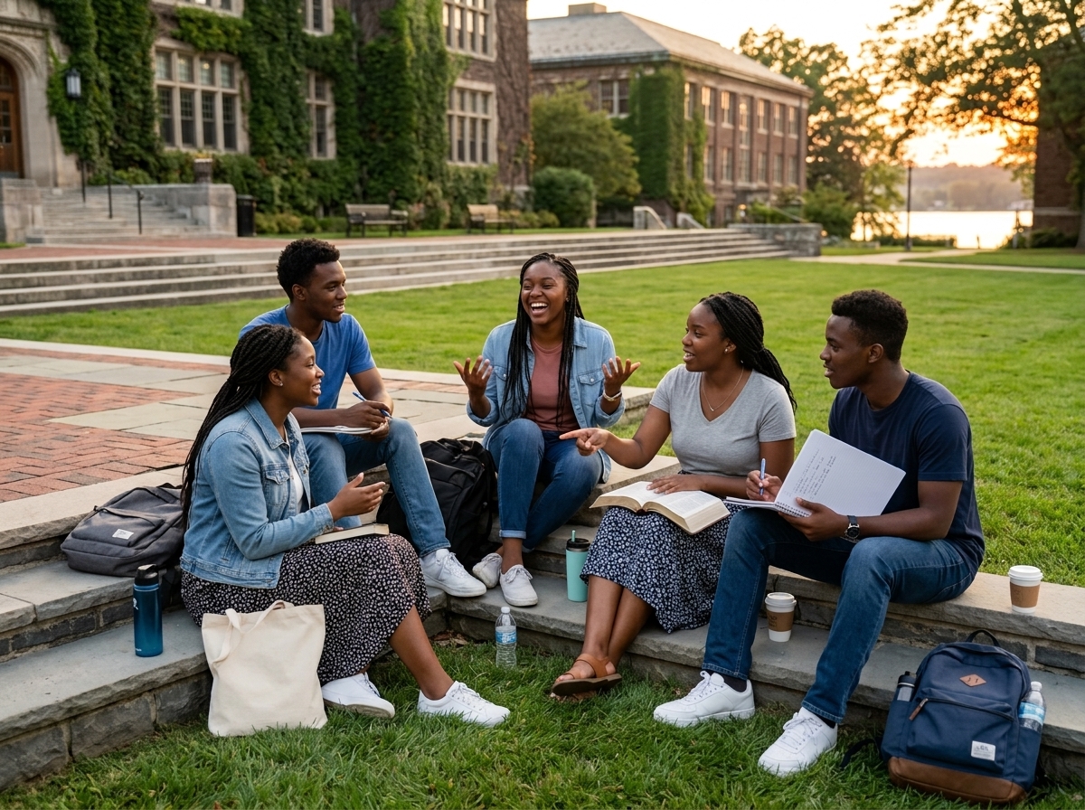 Students discussing on campus lawn