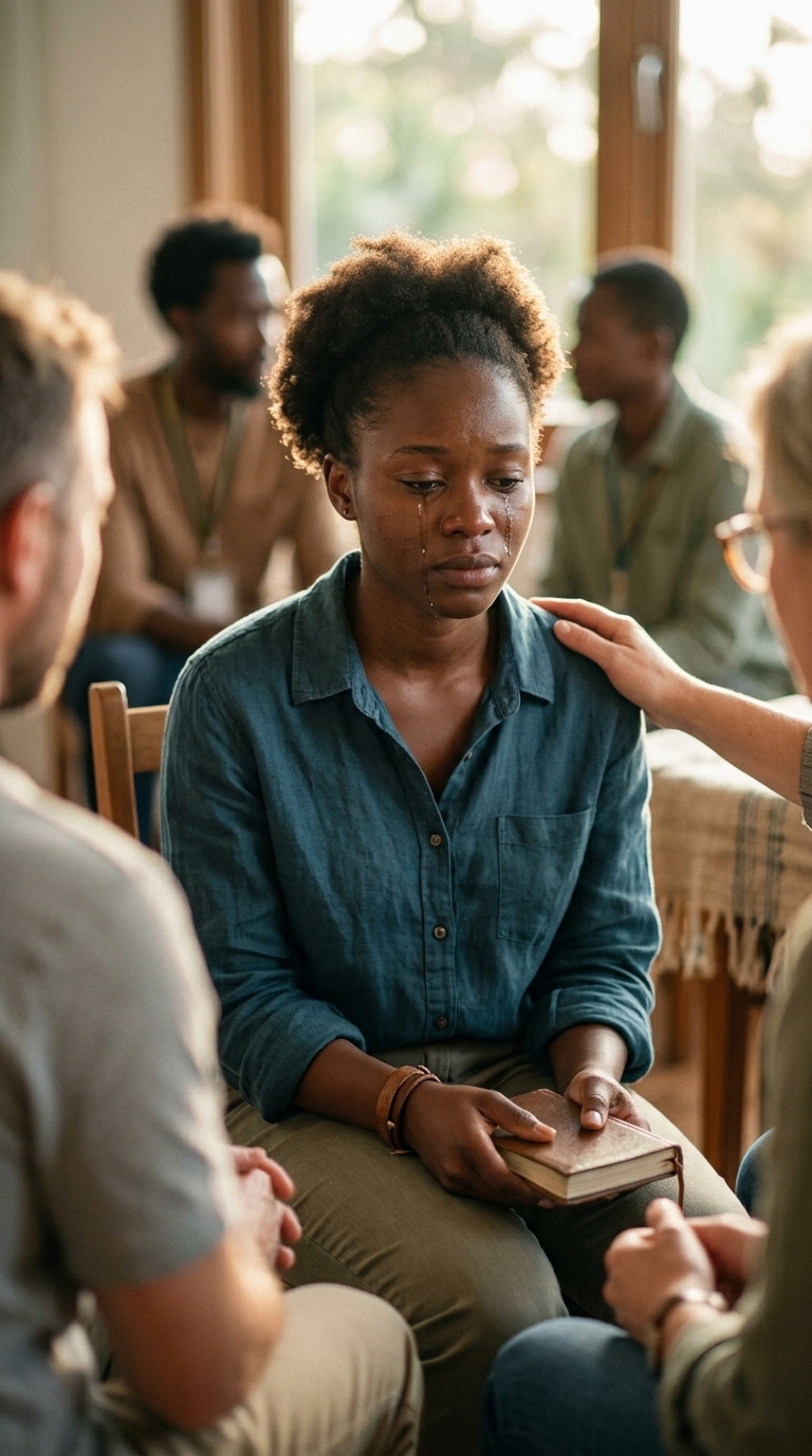 Young woman listening in group